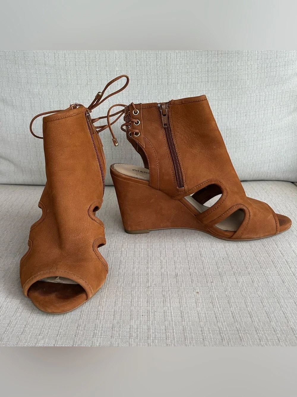 Gianni Bini Suede Lace-Up Heels in Cognac Brown